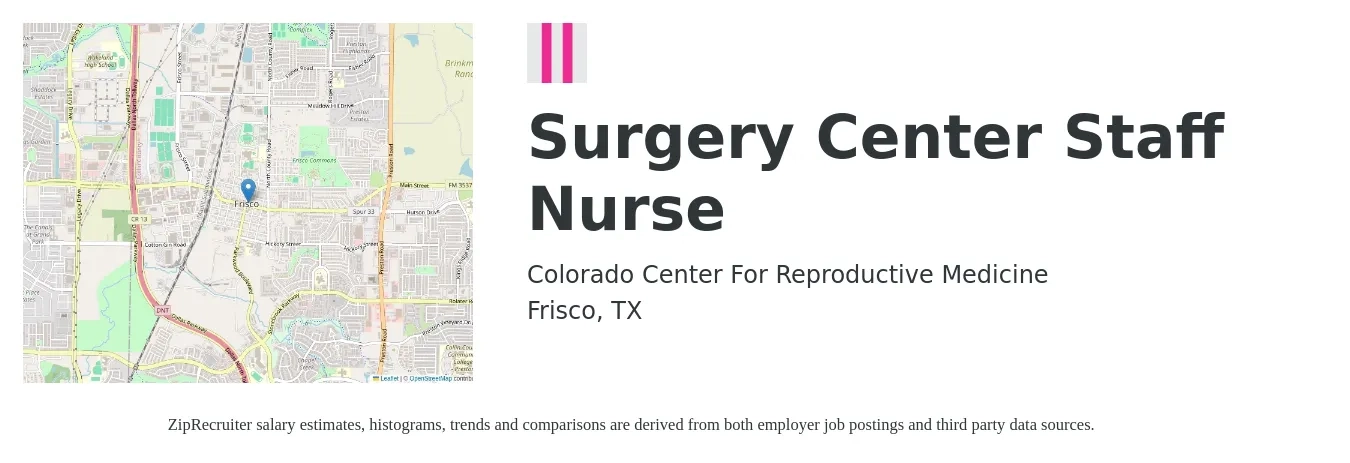 Colorado Center For Reproductive Medicine job posting for a Surgery Center Staff Nurse in Frisco, TX with a salary of $30 to $51 Hourly with a map of Frisco location.