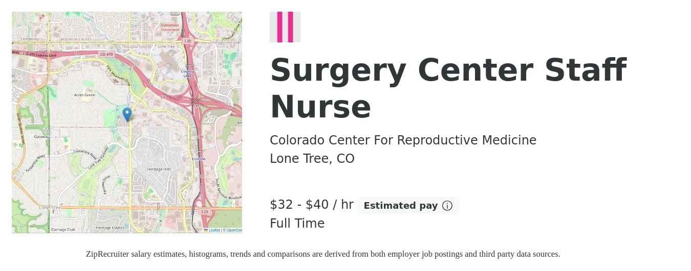 Colorado Center For Reproductive Medicine job posting for a Surgery Center Staff Nurse in Lone Tree, CO with a salary of $42 to $45 Hourly with a map of Lone Tree location.