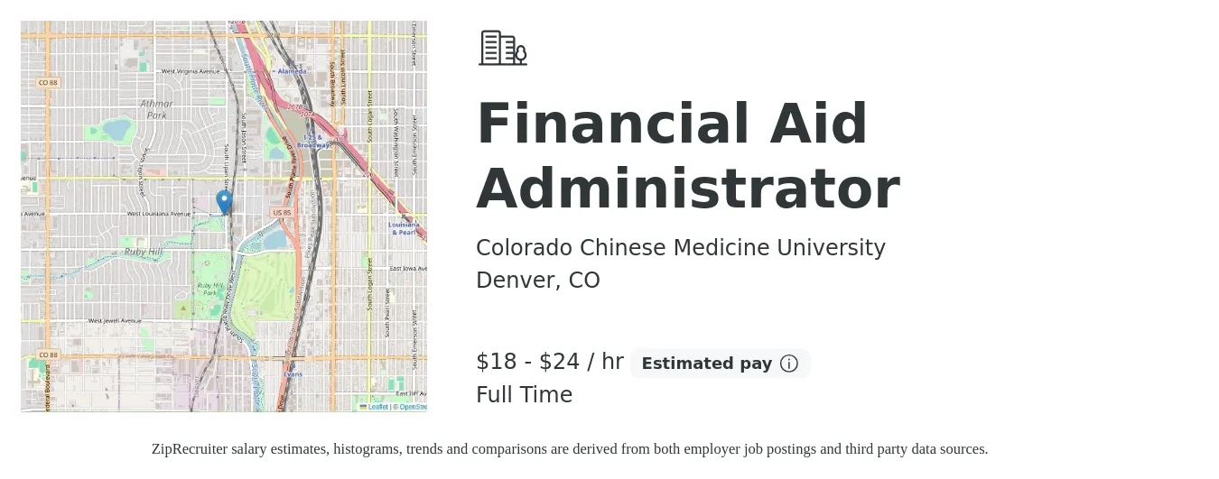 Colorado Chinese Medicine University job posting for a Financial Aid Administrator in Denver, CO with a salary of $19 to $25 Hourly and benefits including pto with a map of Denver location.