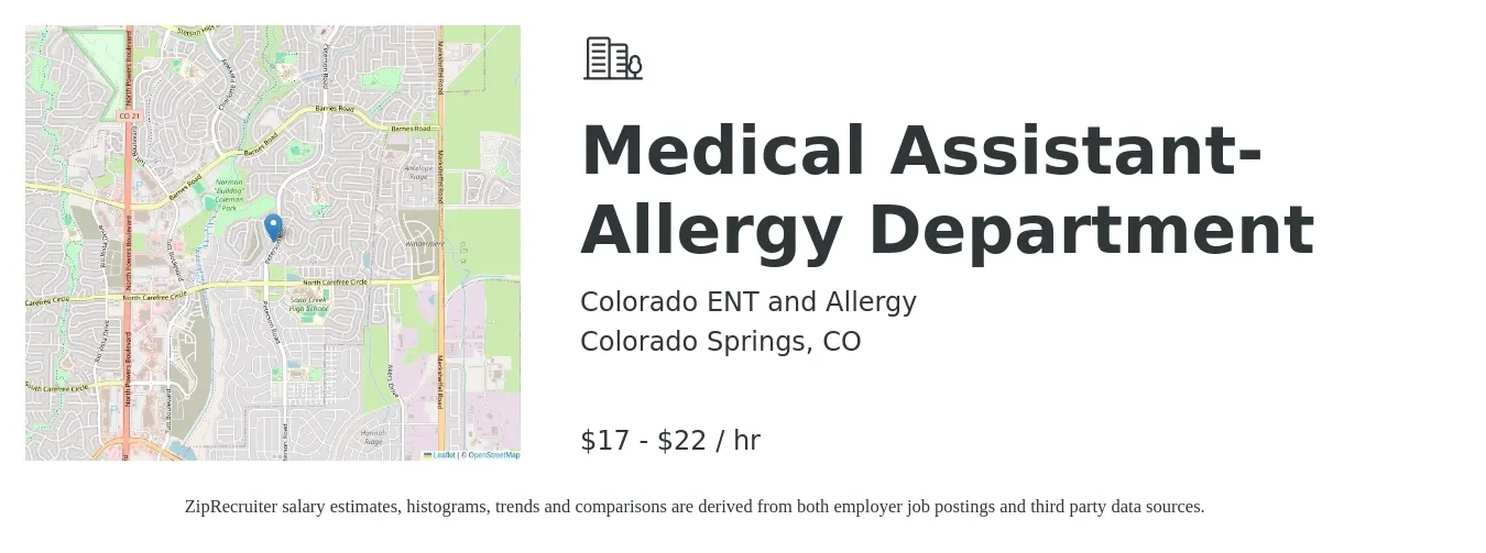 Colorado ENT and Allergy job posting for a Medical Assistant- Allergy Department in Colorado Springs, CO with a salary of $18 to $23 Hourly with a map of Colorado Springs location.