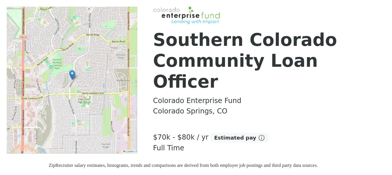 Colorado Enterprise Fund Inc job posting for a Southern Colorado Community Loan Officer in Colorado Springs, CO with a salary of $70,000 to $80,000 Yearly with a map of Colorado Springs location.