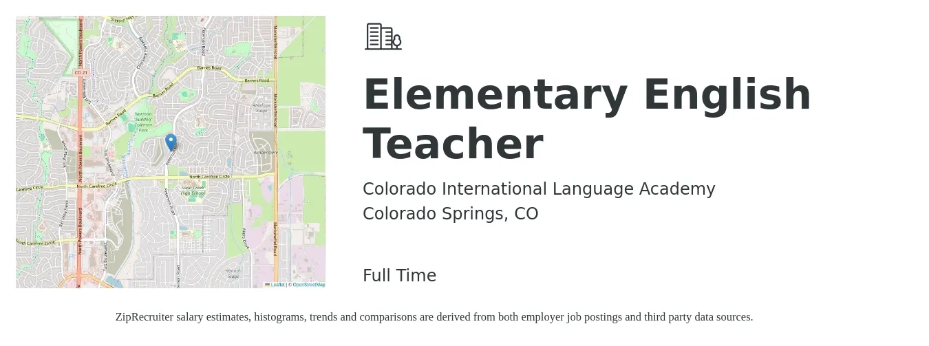 Colorado International Language Academy job posting for a Elementary English Teacher in Colorado Springs, CO with a salary of $39,000 to $52,600 Yearly with a map of Colorado Springs location.