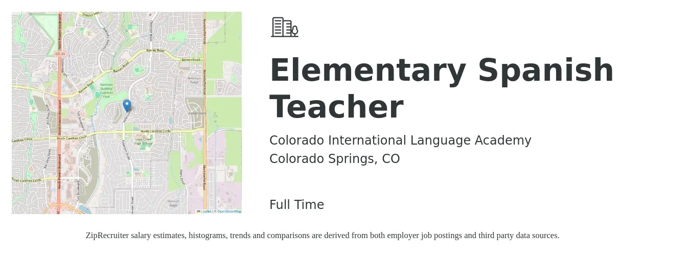Colorado International Language Academy job posting for a Elementary Spanish Teacher in Colorado Springs, CO with a salary of $43,800 to $60,900 Yearly with a map of Colorado Springs location.