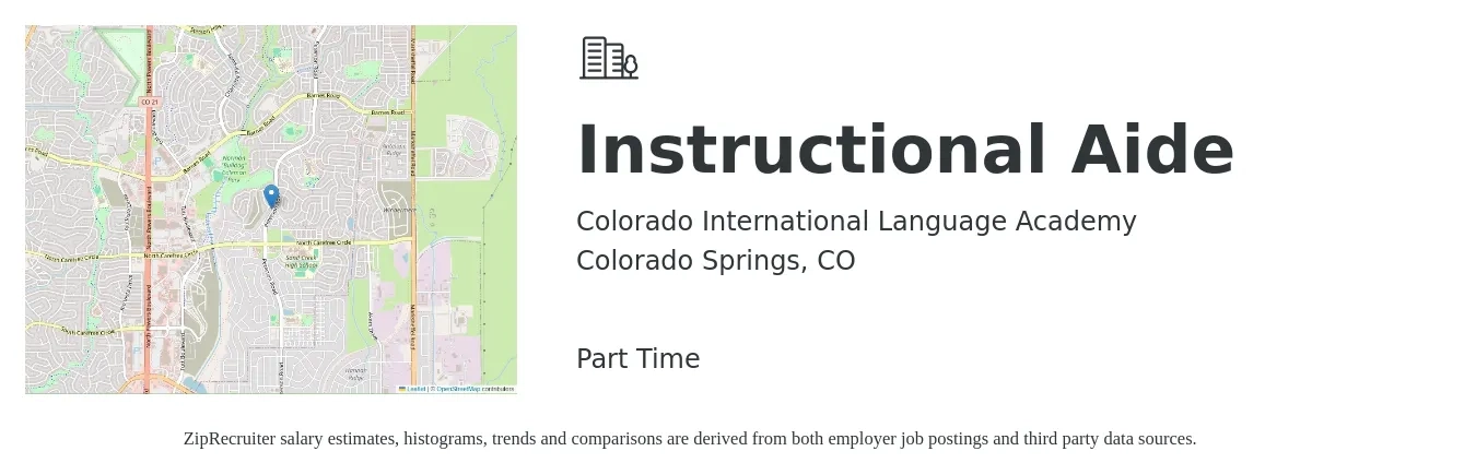 Colorado International Language Academy job posting for a Instructional Aide in Colorado Springs, CO with a salary of $18 Hourly with a map of Colorado Springs location.