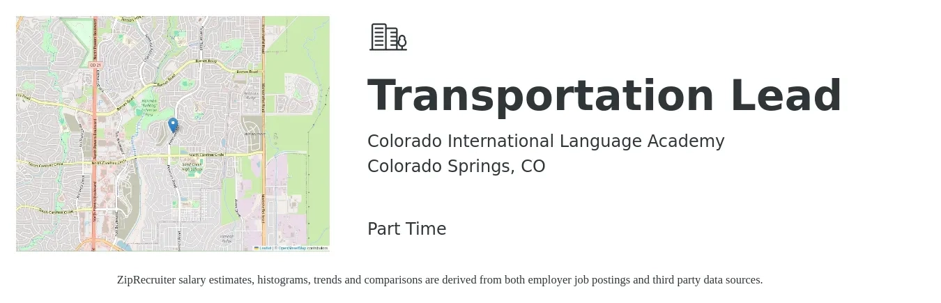 Colorado International Language Academy job posting for a Transportation Lead in Colorado Springs, CO with a salary of $18,000 to $19,000 Yearly with a map of Colorado Springs location.