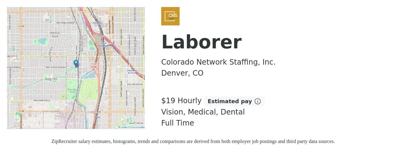 Colorado Network Staffing, Inc. job posting for a Laborer in Denver, CO with a salary of $20 Hourly and benefits including retirement, vision, dental, and medical with a map of Denver location.