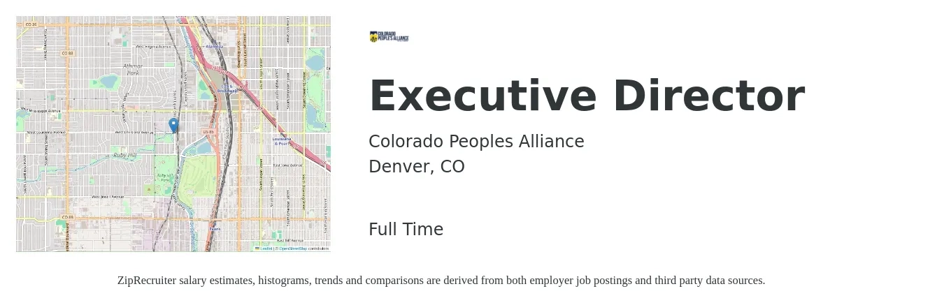 Colorado Peoples Alliance job posting for a Executive Director in Denver, CO with a salary of $110,000 to $125,000 Yearly with a map of Denver location.