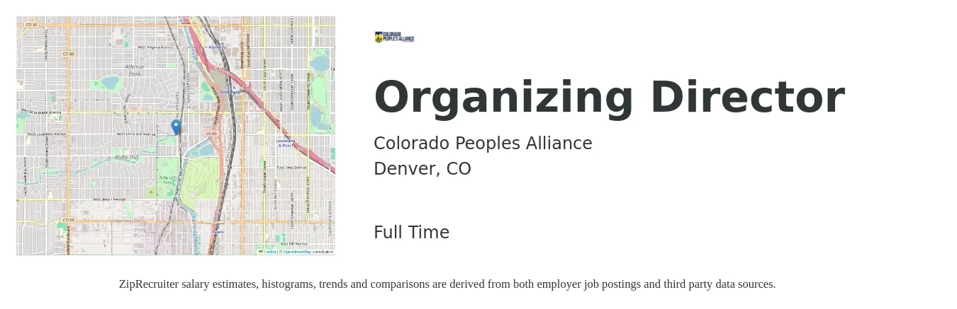 Colorado Peoples Alliance job posting for a Organizing Director in Denver, CO with a salary of $80,000 to $90,000 Yearly with a map of Denver location.