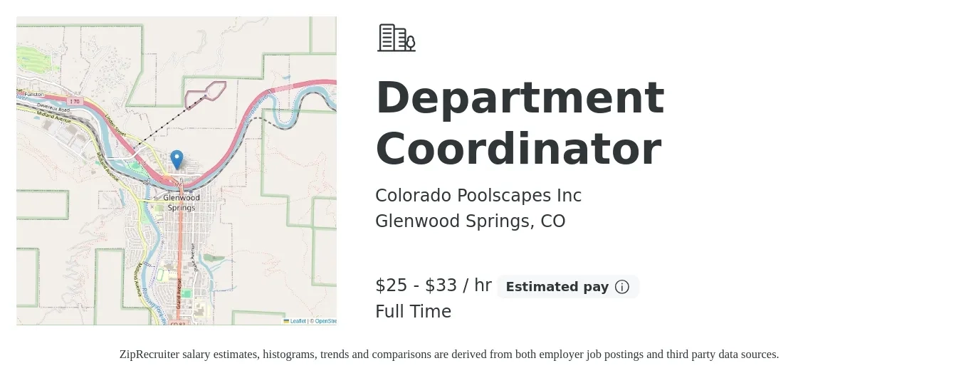 Colorado Poolscapes Inc job posting for a Department Coordinator in Glenwood Springs, CO with a salary of $27 to $35 Hourly with a map of Glenwood Springs location.