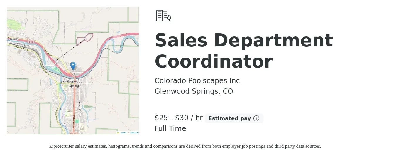 Colorado Poolscapes Inc job posting for a Sales Department Coordinator in Glenwood Springs, CO with a salary of $26 to $32 Hourly with a map of Glenwood Springs location.