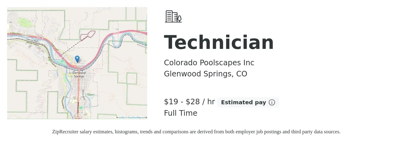 Colorado Poolscapes Inc job posting for a Technician in Glenwood Springs, CO with a salary of $20 to $30 Hourly with a map of Glenwood Springs location.
