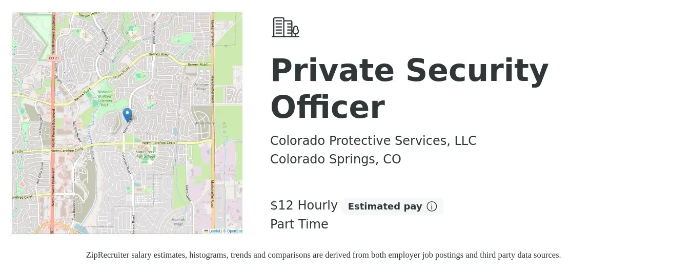 Colorado Protective Services, LLC job posting for a Private Security Officer in Colorado Springs, CO with a salary of $13 Hourly with a map of Colorado Springs location.