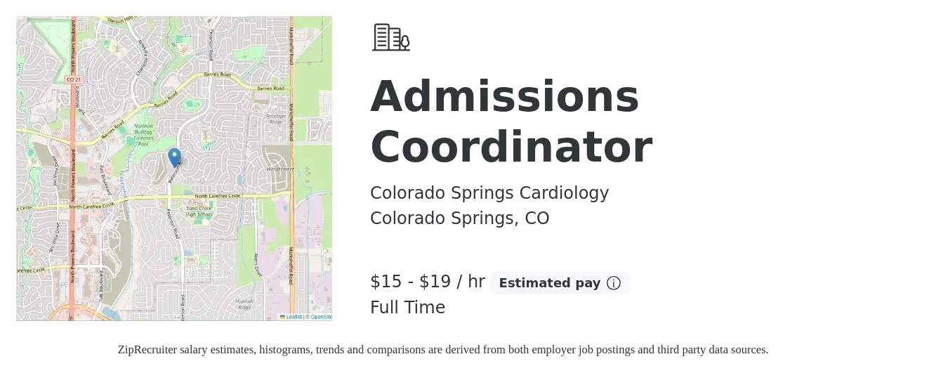 Colorado Springs Cardiology job posting for a Admissions Coordinator in Colorado Springs, CO with a salary of $16 to $20 Hourly with a map of Colorado Springs location.