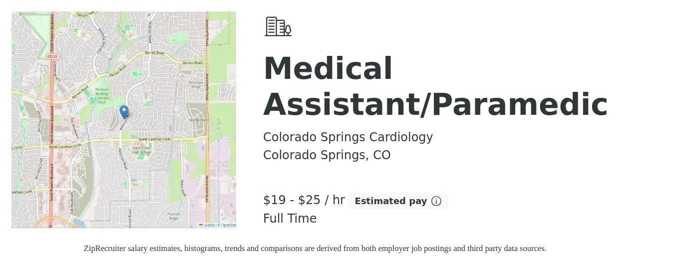 Colorado Springs Cardiology job posting for a Medical Assistant/Paramedic in Colorado Springs, CO with a salary of $20 to $27 Hourly with a map of Colorado Springs location.