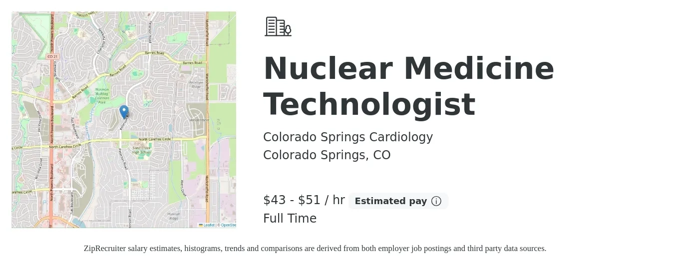 Colorado Springs Cardiology job posting for a Nuclear Medicine Technologist in Colorado Springs, CO with a salary of $36 to $57 Hourly with a map of Colorado Springs location.