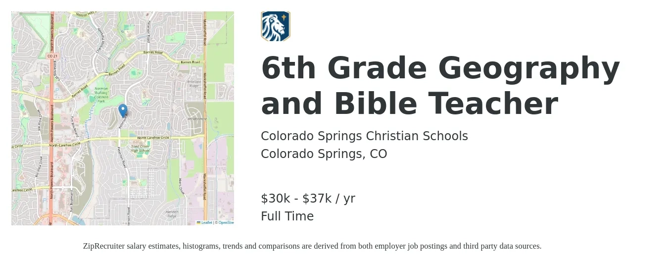 Colorado Springs Christian Schools job posting for a 6th Grade Geography and Bible Teacher in Colorado Springs, CO with a salary of $15 to $18 Hourly with a map of Colorado Springs location.