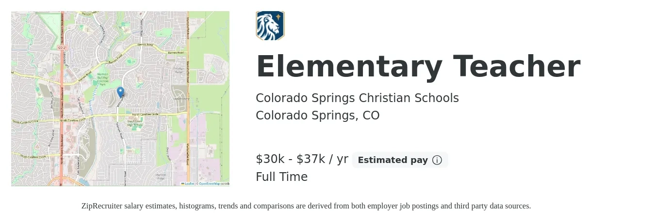 Colorado Springs Christian Schools job posting for a Elementary Teacher in Colorado Springs, CO with a salary of $30,300 to $37,500 Yearly with a map of Colorado Springs location.
