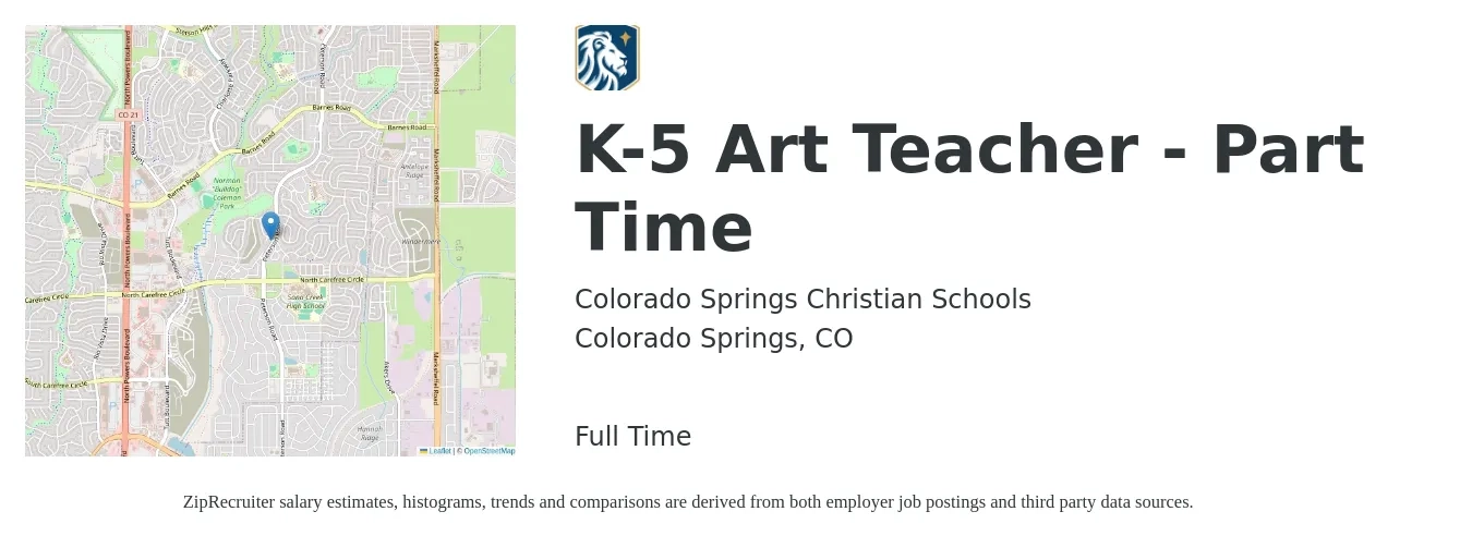 Colorado Springs Christian Schools job posting for a K-5 Art Teacher - Part Time in Colorado Springs, CO with a salary of $15,150 to $18,750 Yearly with a map of Colorado Springs location.