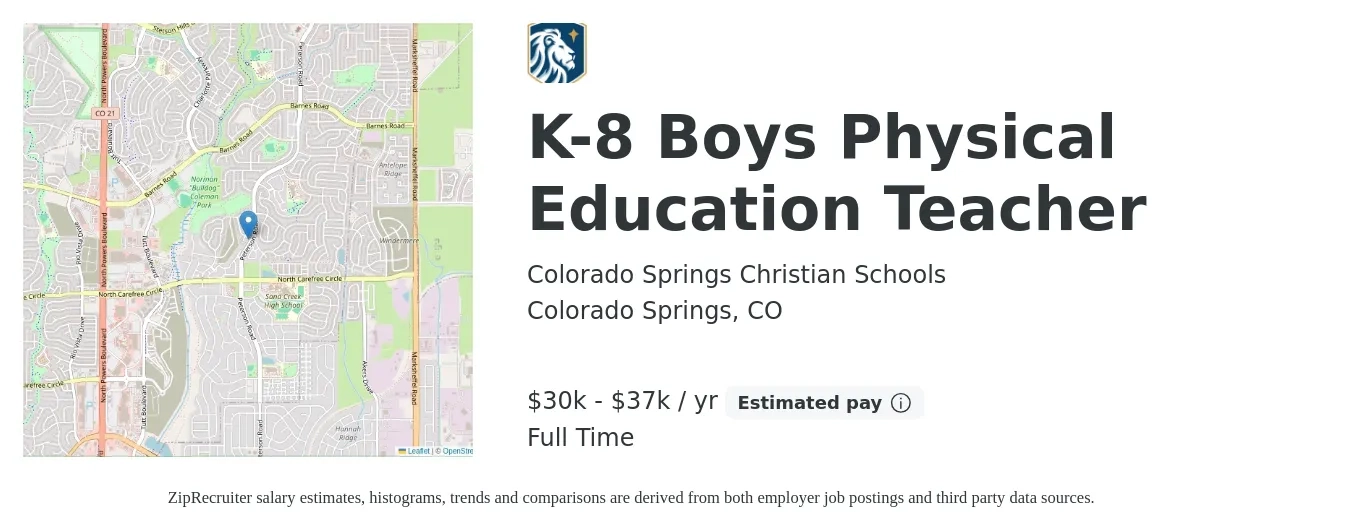 Colorado Springs Christian Schools job posting for a K-8 Boys Physical Education Teacher in Colorado Springs, CO with a salary of $30,300 to $37,500 Yearly with a map of Colorado Springs location.