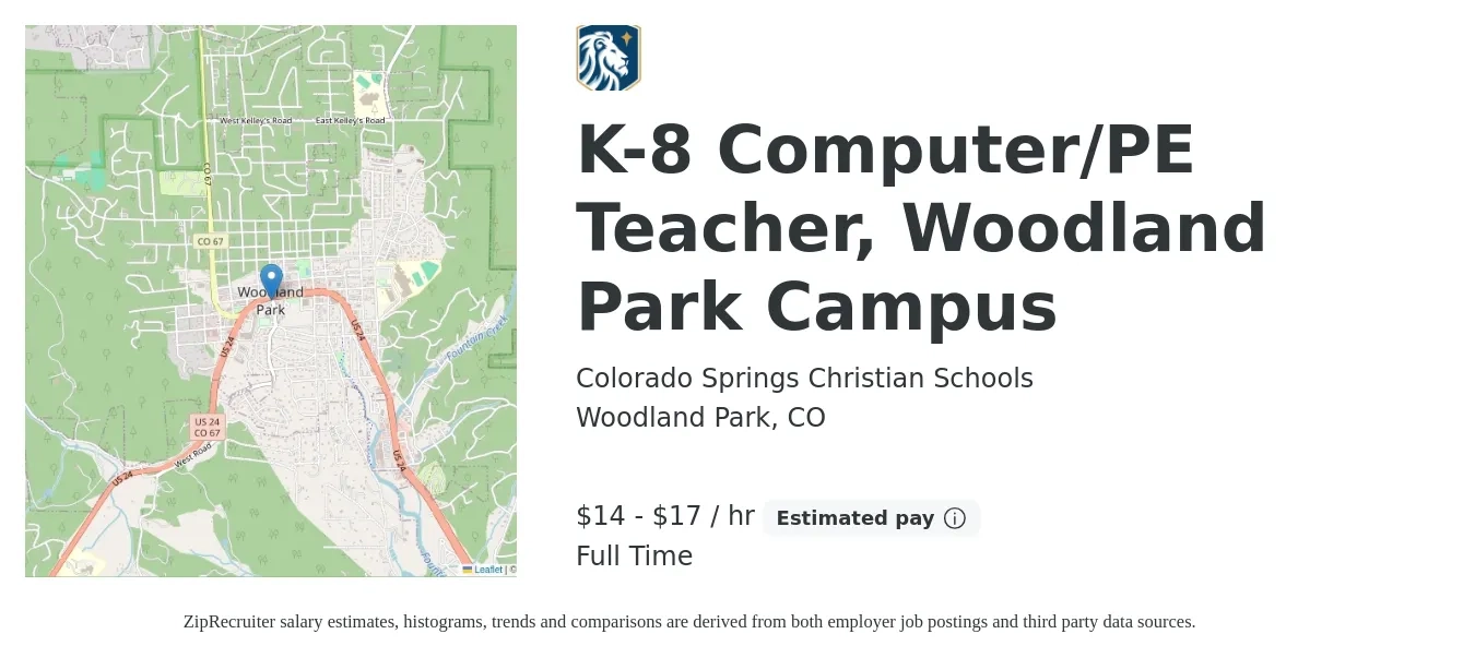 Colorado Springs Christian Schools job posting for a K-8 Computer/PE Teacher, Woodland Park Campus in Woodland Park, CO with a salary of $30,300 to $37,500 Yearly with a map of Woodland Park location.