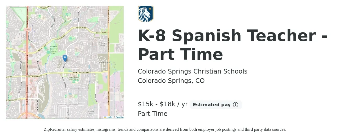 Colorado Springs Christian Schools job posting for a K-8 Spanish Teacher - Part Time in Colorado Springs, CO with a salary of $15,150 to $18,750 Yearly with a map of Colorado Springs location.
