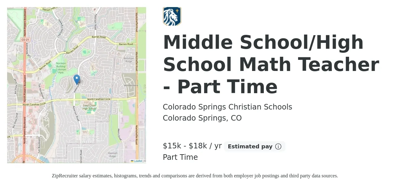Colorado Springs Christian Schools job posting for a Middle School/High School Math Teacher - Part Time in Colorado Springs, CO with a salary of $15,150 to $18,750 Yearly with a map of Colorado Springs location.