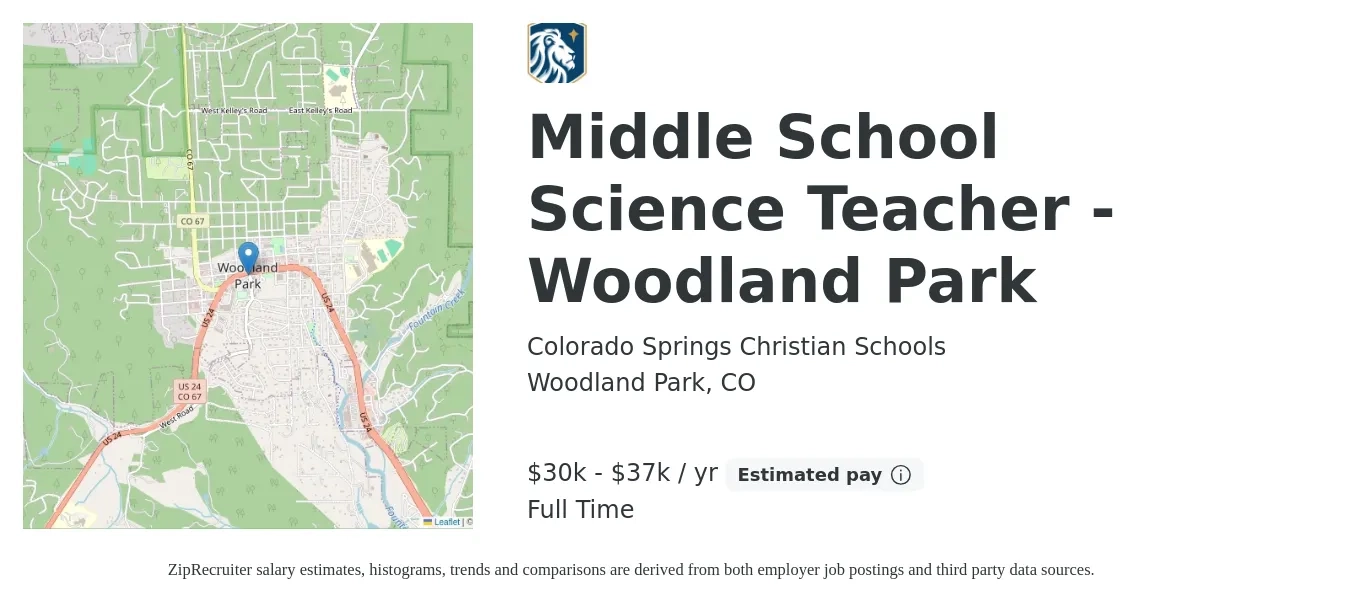 Colorado Springs Christian Schools job posting for a Middle School Science Teacher - Woodland Park in Woodland Park, CO with a salary of $30,300 to $37,500 Yearly with a map of Woodland Park location.