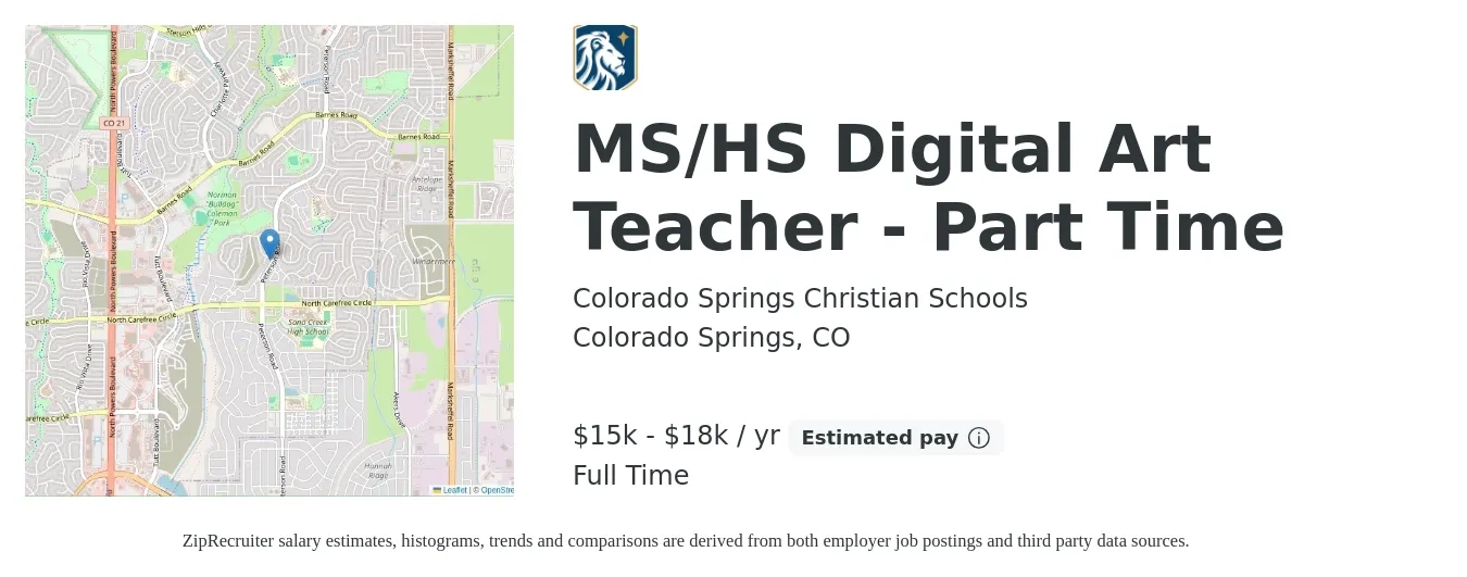 Colorado Springs Christian Schools job posting for a MS/HS Digital Art Teacher - Part Time in Colorado Springs, CO with a salary of $15,150 to $18,750 Yearly with a map of Colorado Springs location.