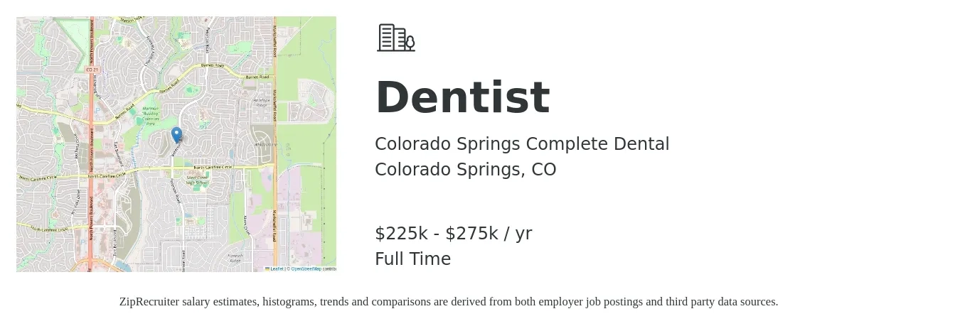 Colorado Springs Complete Dental job posting for a Dentist in Colorado Springs, CO with a salary of $129,300 to $233,000 Yearly with a map of Colorado Springs location.