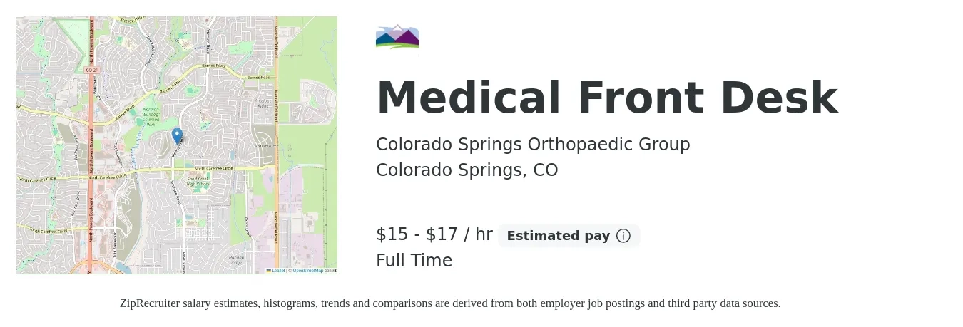 Colorado Springs Orthopaedic Group job posting for a Medical Front Desk in Colorado Springs, CO with a salary of $16 to $18 Hourly with a map of Colorado Springs location.
