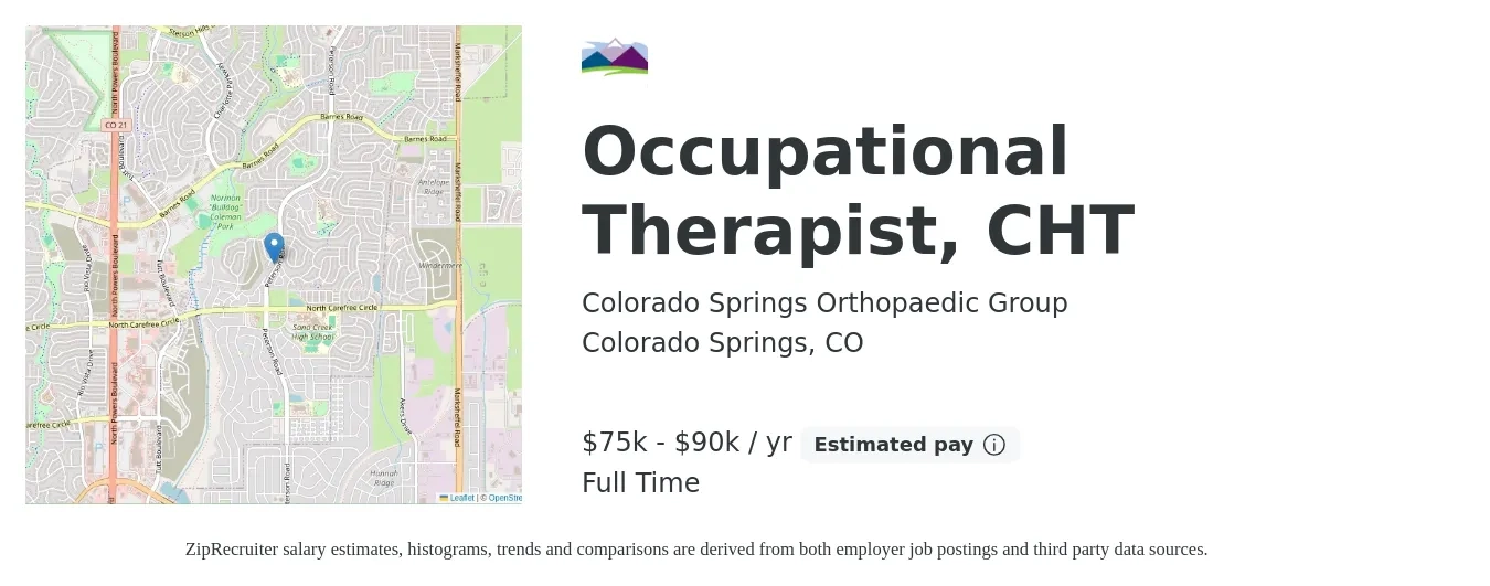 Colorado Springs Orthopaedic Group job posting for a Occupational Therapist, CHT in Colorado Springs, CO with a salary of $75,000 to $90,000 Yearly with a map of Colorado Springs location.