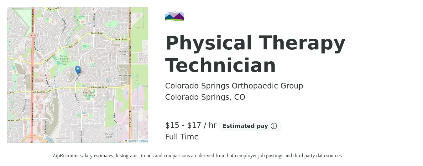 Colorado Springs Orthopaedic Group job posting for a Physical Therapy Technician in Colorado Springs, CO with a salary of $16 to $18 Hourly with a map of Colorado Springs location.