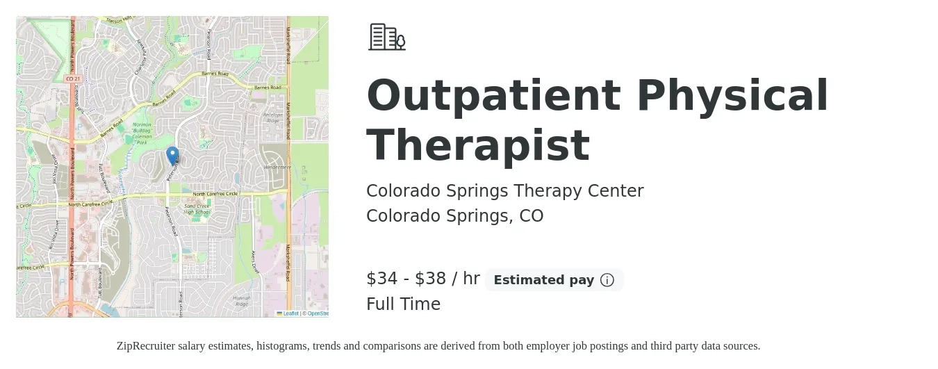 Colorado Springs Therapy Center job posting for a Outpatient Physical Therapist in Colorado Springs, CO with a salary of $36 to $40 Hourly with a map of Colorado Springs location.