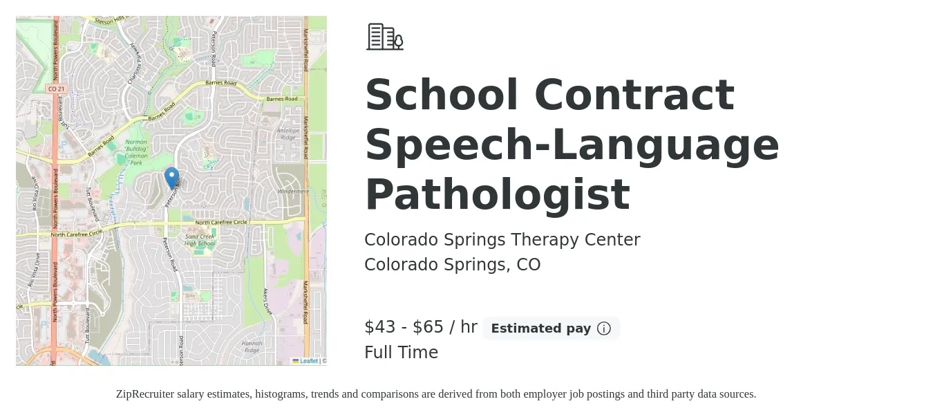 Colorado Springs Therapy Center job posting for a School Contract Speech-Language Pathologist in Colorado Springs, CO with a salary of $45 to $68 Hourly with a map of Colorado Springs location.