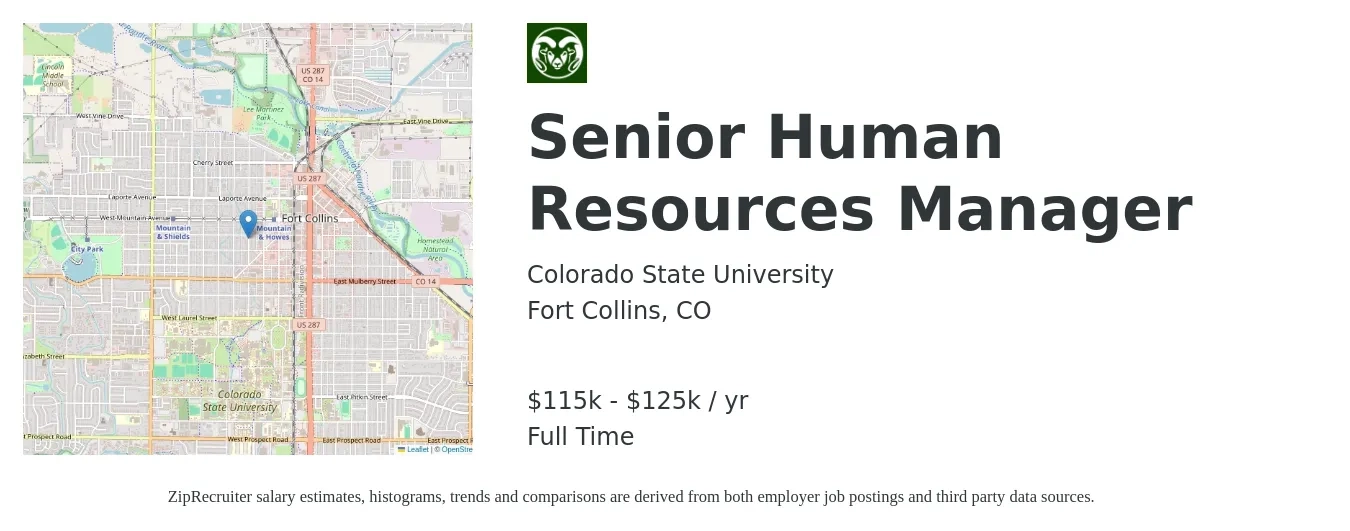 Colorado State University job posting for a Senior Human Resources Manager in Fort Collins, CO with a salary of $115,000 to $125,000 Yearly with a map of Fort Collins location.