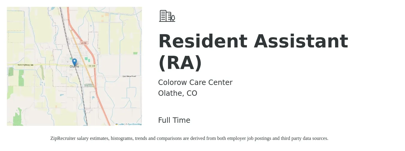 Colorow Care Center job posting for a Resident Assistant (RA) in Olathe, CO with a salary of $15 to $18 Hourly with a map of Olathe location.