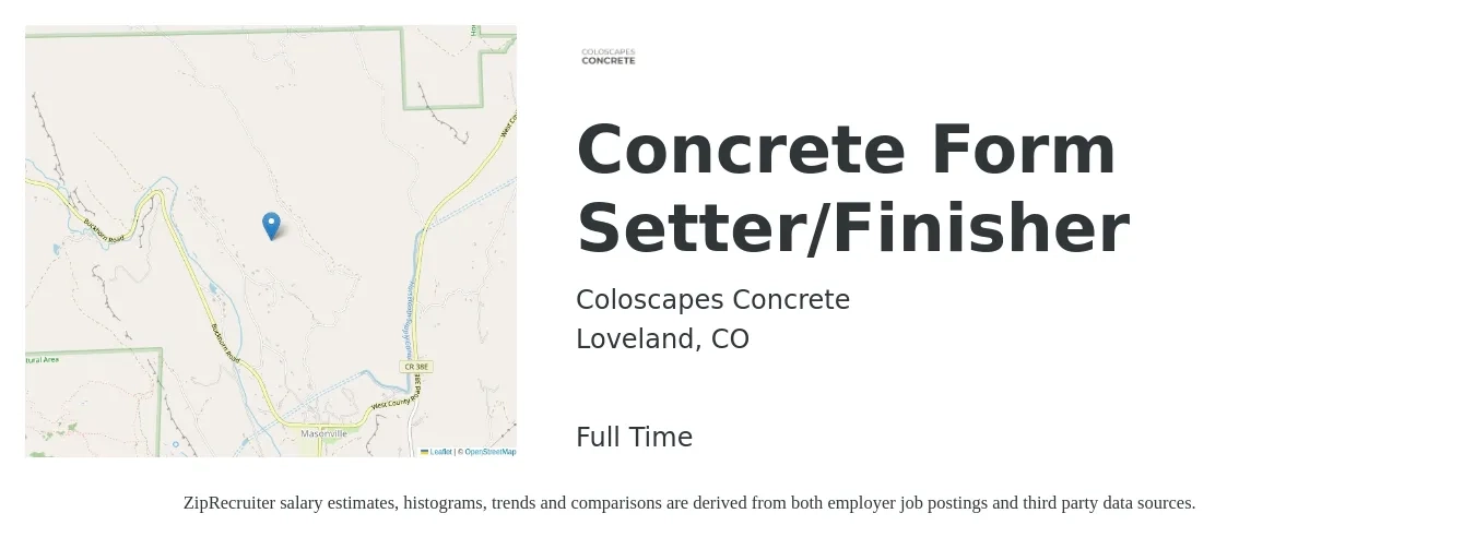 Coloscapes Concrete job posting for a Concrete Form Setter/Finisher in Loveland, CO with a salary of $24 to $29 Hourly with a map of Loveland location.