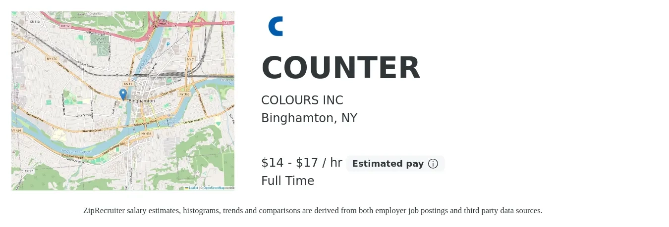 COLOURS INC job posting for a COUNTER in Binghamton, NY with a salary of $15 to $18 Hourly with a map of Binghamton location.