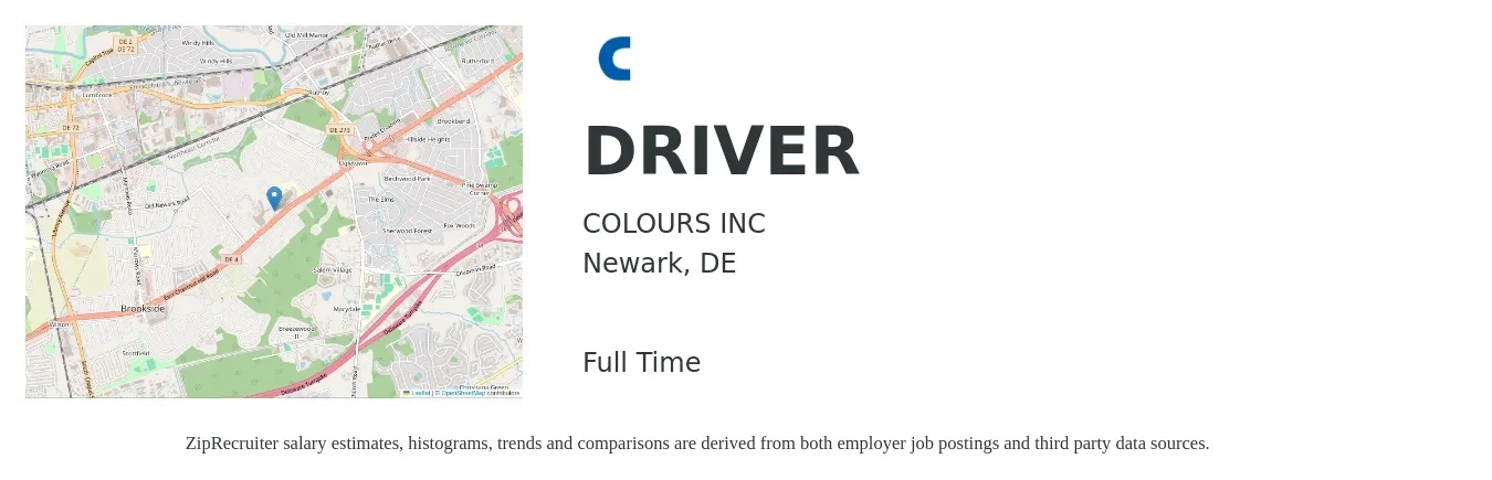 COLOURS INC job posting for a DRIVER in Newark, DE with a salary of $15 to $20 Hourly with a map of Newark location.