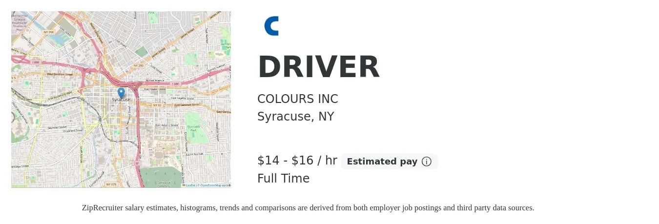 COLOURS INC job posting for a DRIVER in Syracuse, NY with a salary of $15 to $17 Hourly with a map of Syracuse location.