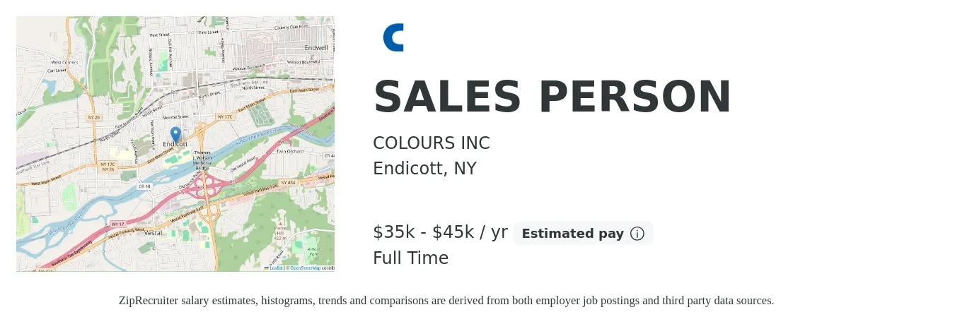 COLOURS INC job posting for a SALES PERSON in Endicott, NY with a salary of $35,000 to $45,000 Yearly with a map of Endicott location.