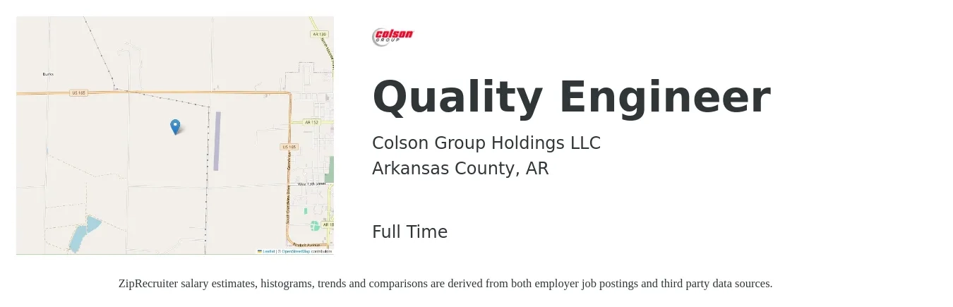Colson Group Holdings LLC job posting for a Quality Engineer in Arkansas County, AR with a salary of $66,200 to $85,600 Yearly with a map of Arkansas County location.