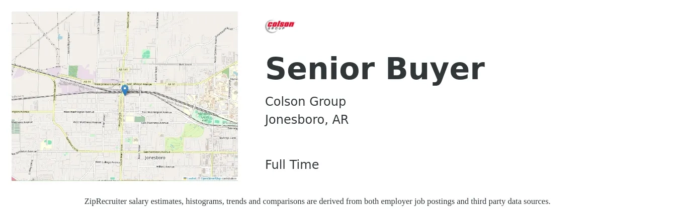 Colson Group job posting for a Senior Buyer in Jonesboro, AR with a salary of $47,100 to $67,600 Yearly with a map of Jonesboro location.