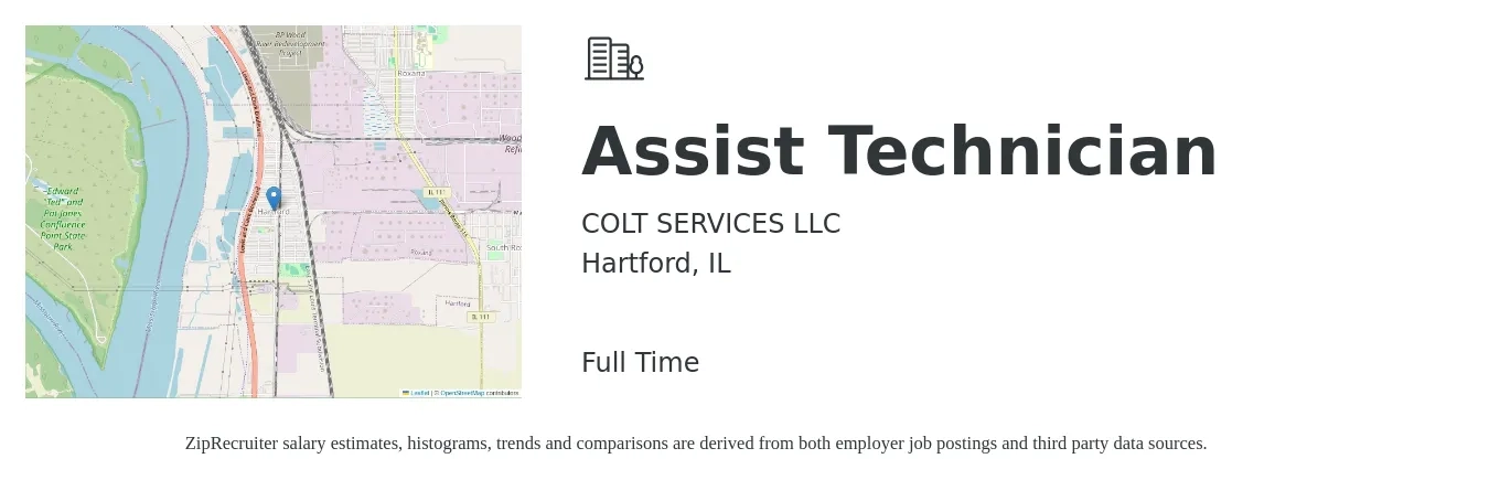 COLT SERVICES LLC job posting for a Assist Technician in Hartford, IL with a salary of $35,000 to $36,000 Yearly with a map of Hartford location.