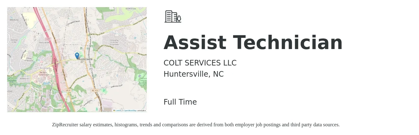 COLT SERVICES LLC job posting for a Assist Technician in Huntersville, NC with a salary of $34,800 to $35,700 Yearly with a map of Huntersville location.