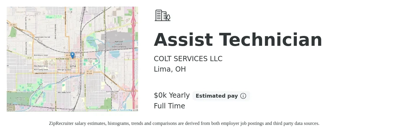 COLT SERVICES LLC job posting for a Assist Technician in Lima, OH with a salary of $20 to $24 Yearly with a map of Lima location.