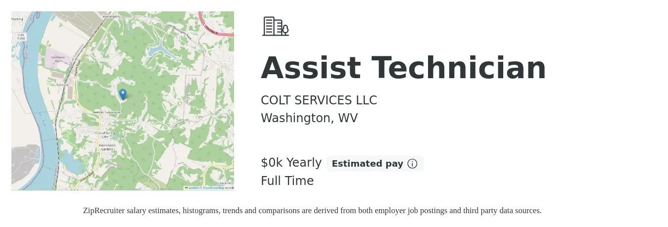 COLT SERVICES LLC job posting for a Assist Technician in Washington, WV with a salary of $20 to $24 Yearly with a map of Washington location.