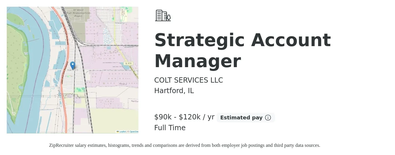 COLT SERVICES LLC job posting for a Strategic Account Manager in Hartford, IL with a salary of $90,000 to $120,000 Yearly with a map of Hartford location.