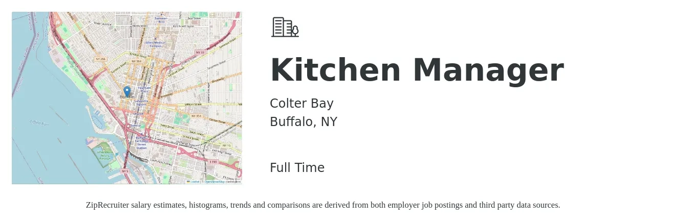 Colter Bay job posting for a Kitchen Manager in Buffalo, NY with a salary of $1,000 to $1,200 Weekly with a map of Buffalo location.