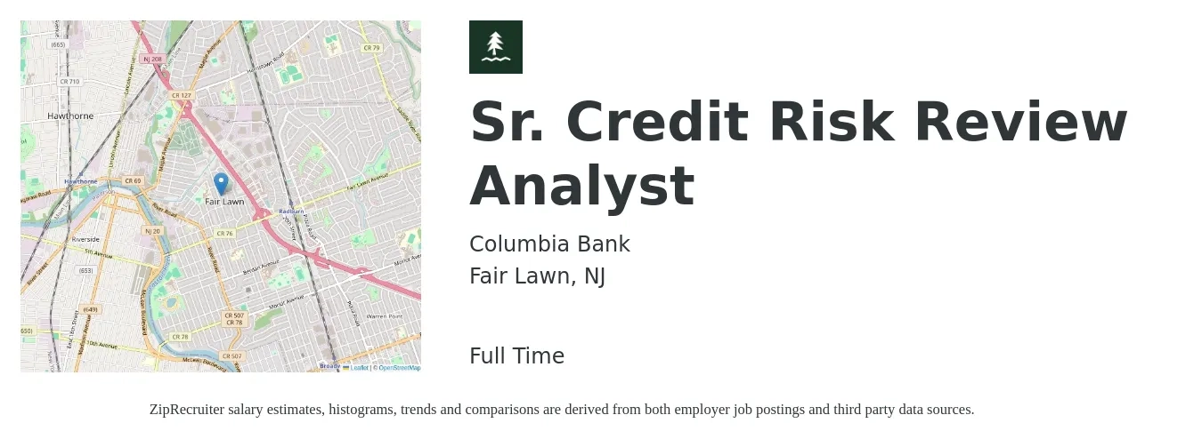 Columbia Bank job posting for a Sr. Credit Risk Review Analyst in Fair Lawn, NJ with a salary of $83,300 to $141,900 Yearly with a map of Fair Lawn location.